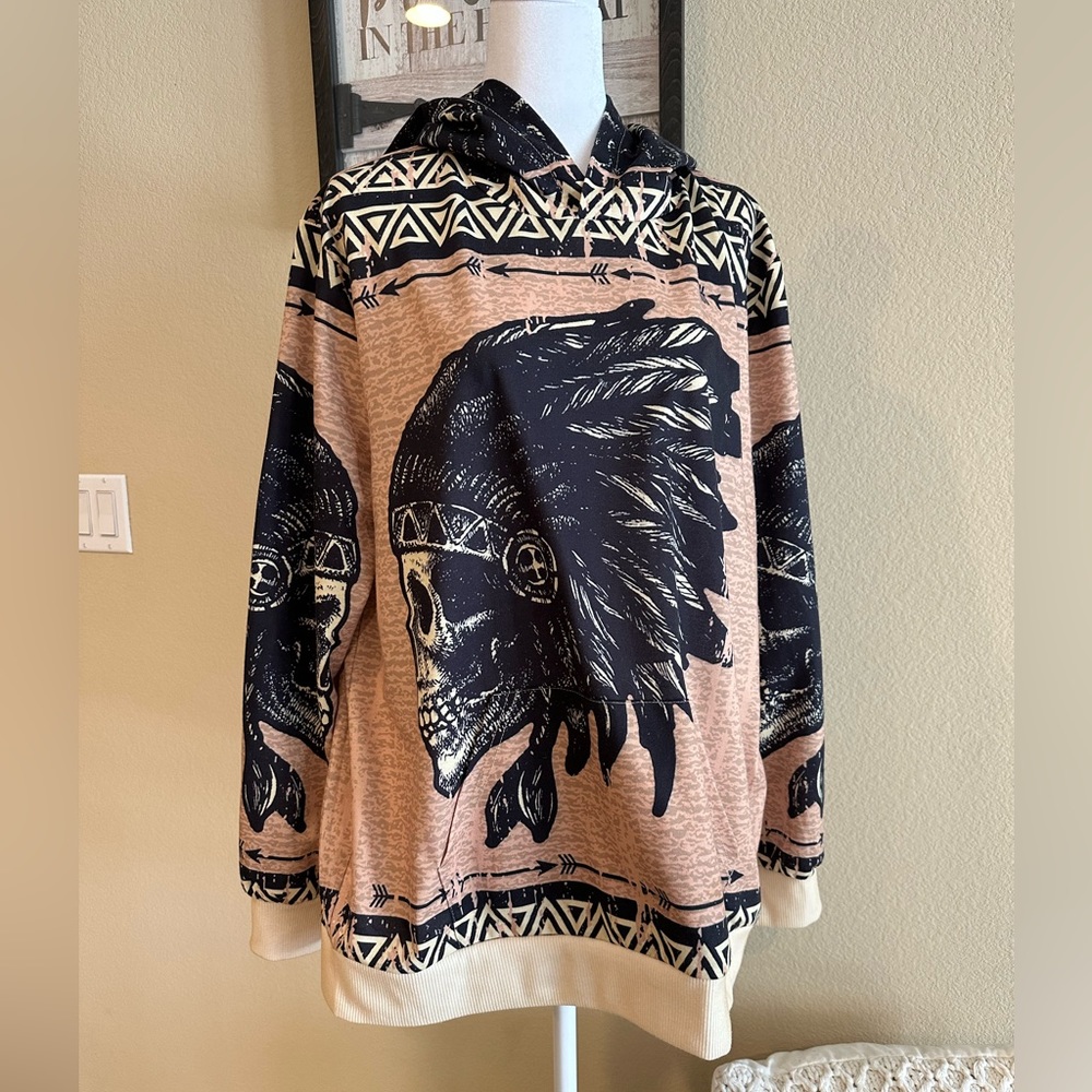 Two Sided Unisex Indigenous Indian Warrior Hoodie Sweater - Size L